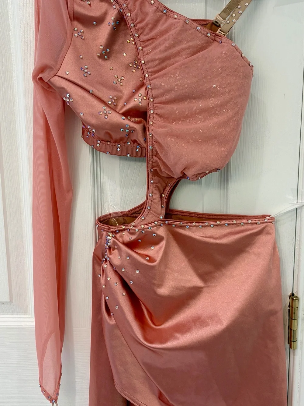 CXL Light Pink Satin Dance Costume with Sequins and Stones and Asymetrical Skirt